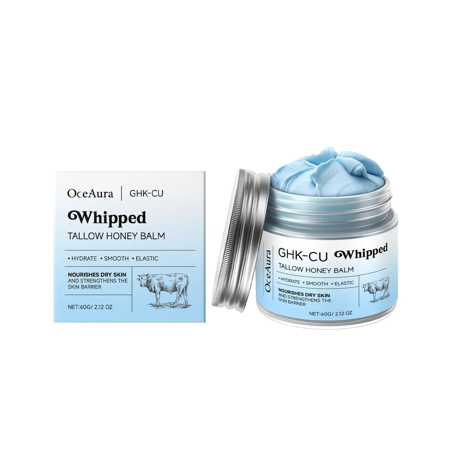 Copper Peptides GHK-Cu Whipped Beef Tallow for Skin: Blue Balm Manuka Honey Face and Body Moisturizer Butter for Mature, Dry & Eczema-Prone Sensitive Skin