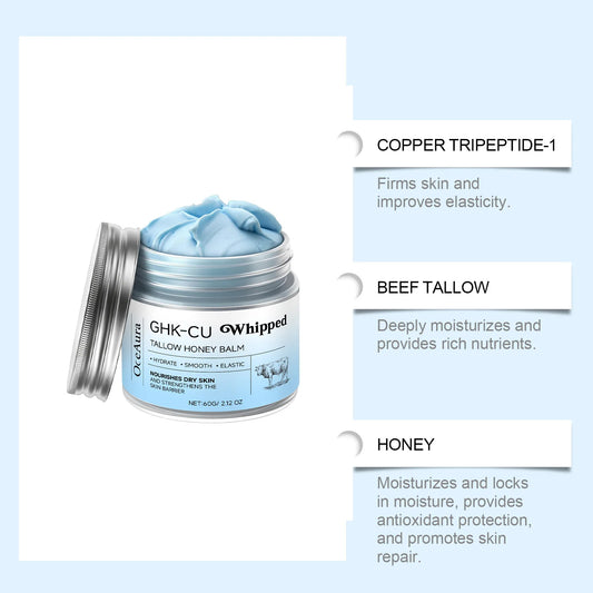 Copper Peptides GHK-Cu Whipped Beef Tallow for Skin: Blue Balm Manuka Honey Face and Body Moisturizer Butter for Mature, Dry & Eczema-Prone Sensitive Skin