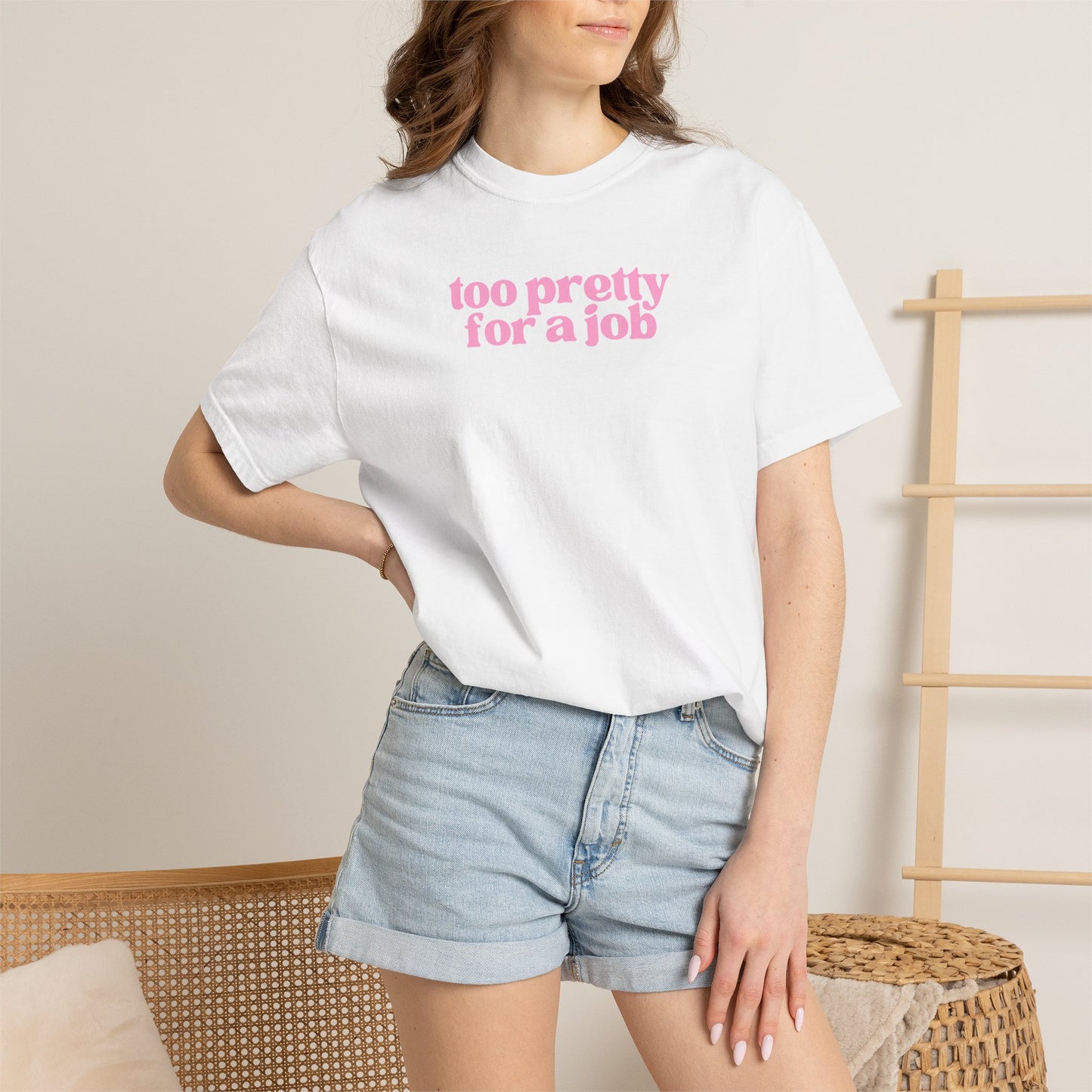Too Pretty For a Job Shirt | Funny Coquette Graphic Tee | Soft Girl Pink Statement Shirt | Trendy Feminine Tee
