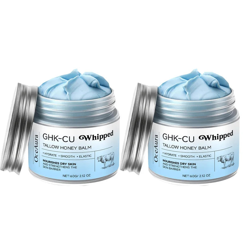 Copper Peptides GHK-Cu Whipped Beef Tallow for Skin: Blue Balm Manuka Honey Face and Body Moisturizer Butter for Mature, Dry & Eczema-Prone Sensitive Skin