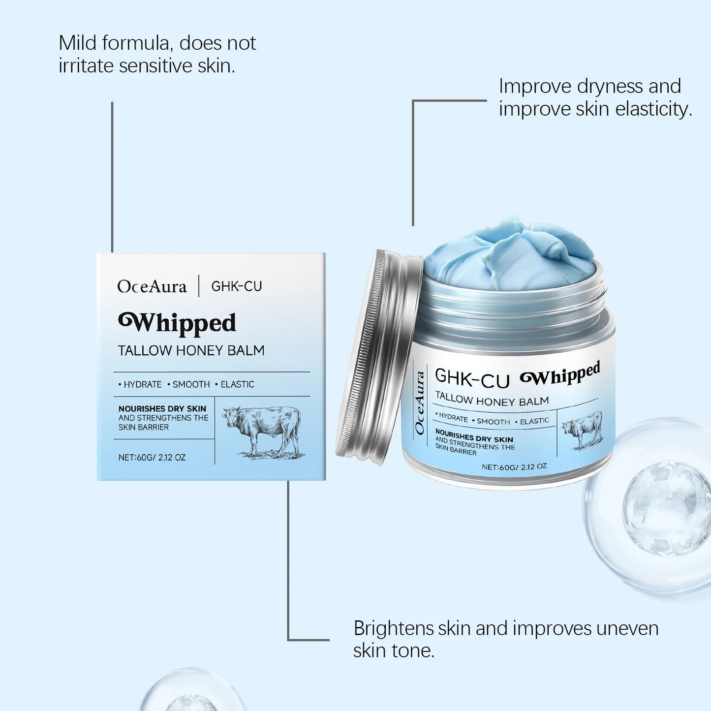 Copper Peptides GHK-Cu Whipped Beef Tallow for Skin: Blue Balm Manuka Honey Face and Body Moisturizer Butter for Mature, Dry & Eczema-Prone Sensitive Skin