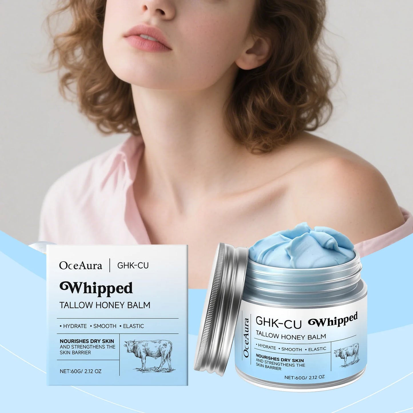 Copper Peptides GHK-Cu Whipped Beef Tallow for Skin: Blue Balm Manuka Honey Face and Body Moisturizer Butter for Mature, Dry & Eczema-Prone Sensitive Skin