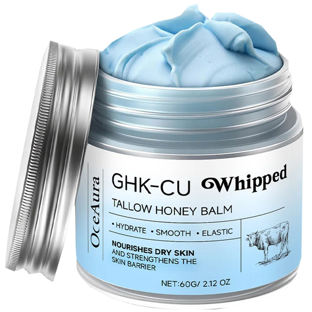 Copper Peptides GHK-Cu Whipped Beef Tallow for Skin: Blue Balm Manuka Honey Face and Body Moisturizer Butter for Mature, Dry & Eczema-Prone Sensitive Skin