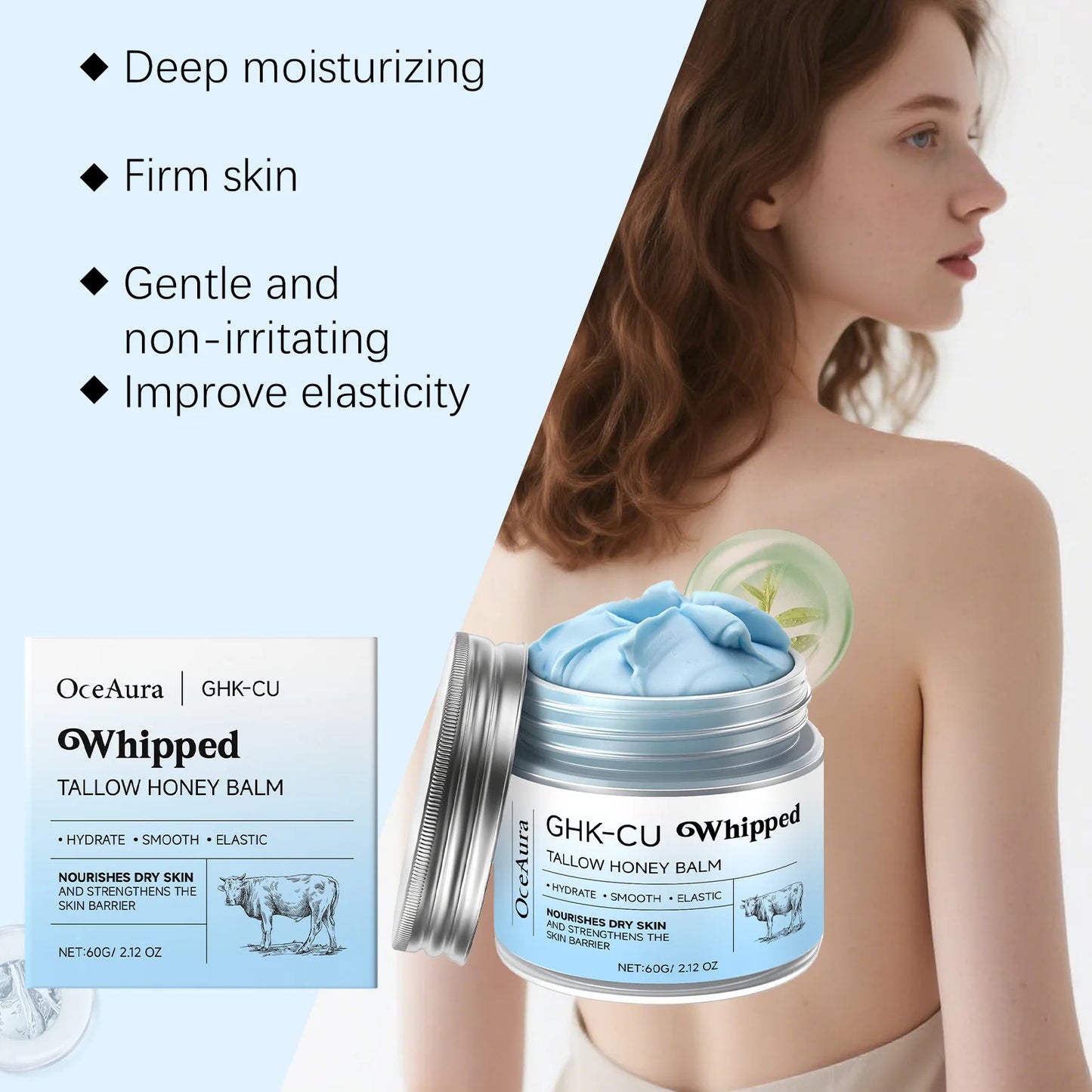 Copper Peptides GHK-Cu Whipped Beef Tallow for Skin: Blue Balm Manuka Honey Face and Body Moisturizer Butter for Mature, Dry & Eczema-Prone Sensitive Skin