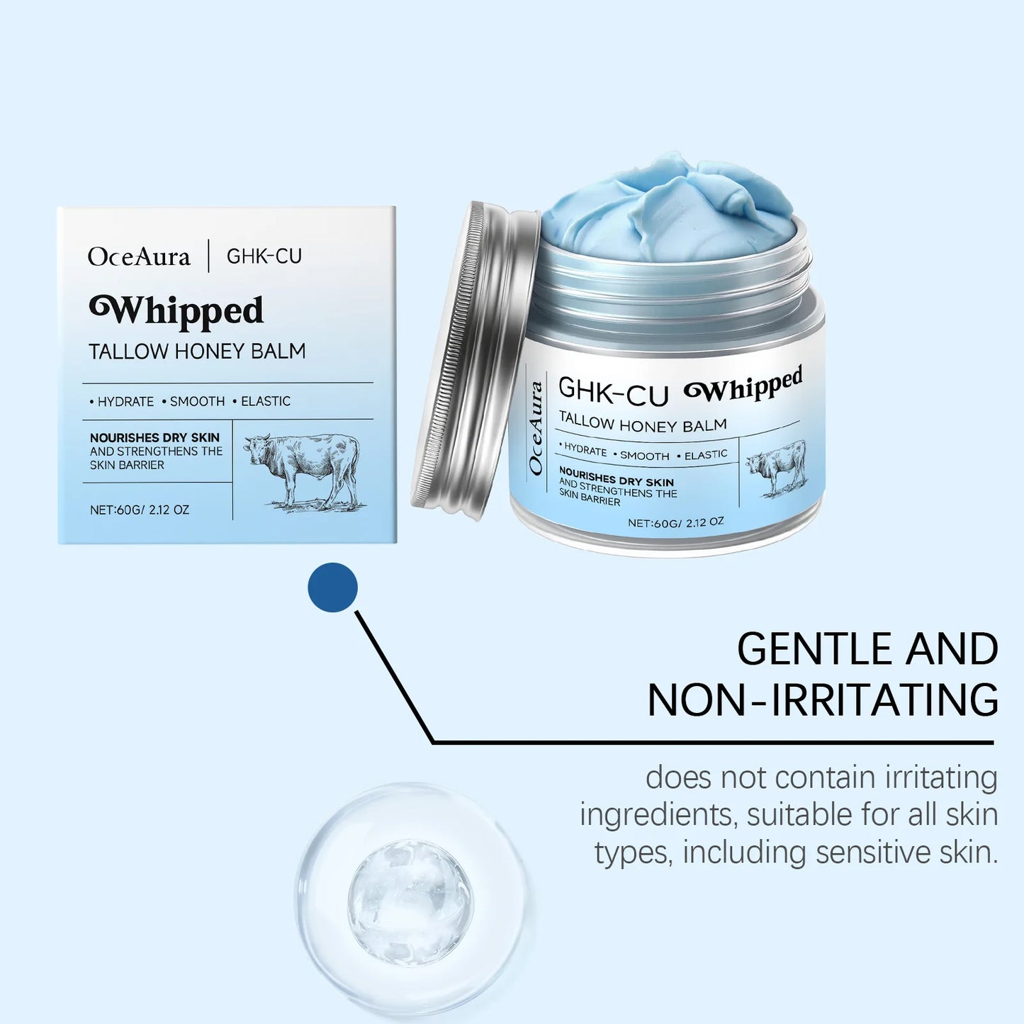 Copper Peptides GHK-Cu Whipped Beef Tallow for Skin: Blue Balm Manuka Honey Face and Body Moisturizer Butter for Mature, Dry & Eczema-Prone Sensitive Skin