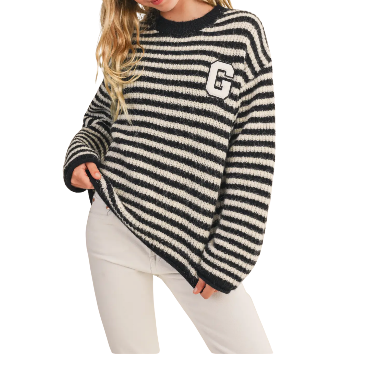 SWEET + STRIPE LETTER SWEATER